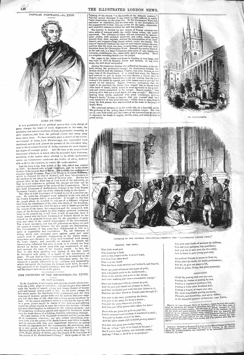 Old Antique Print 1843 Lord De Grey General Post Office Sepulchre Church 19th