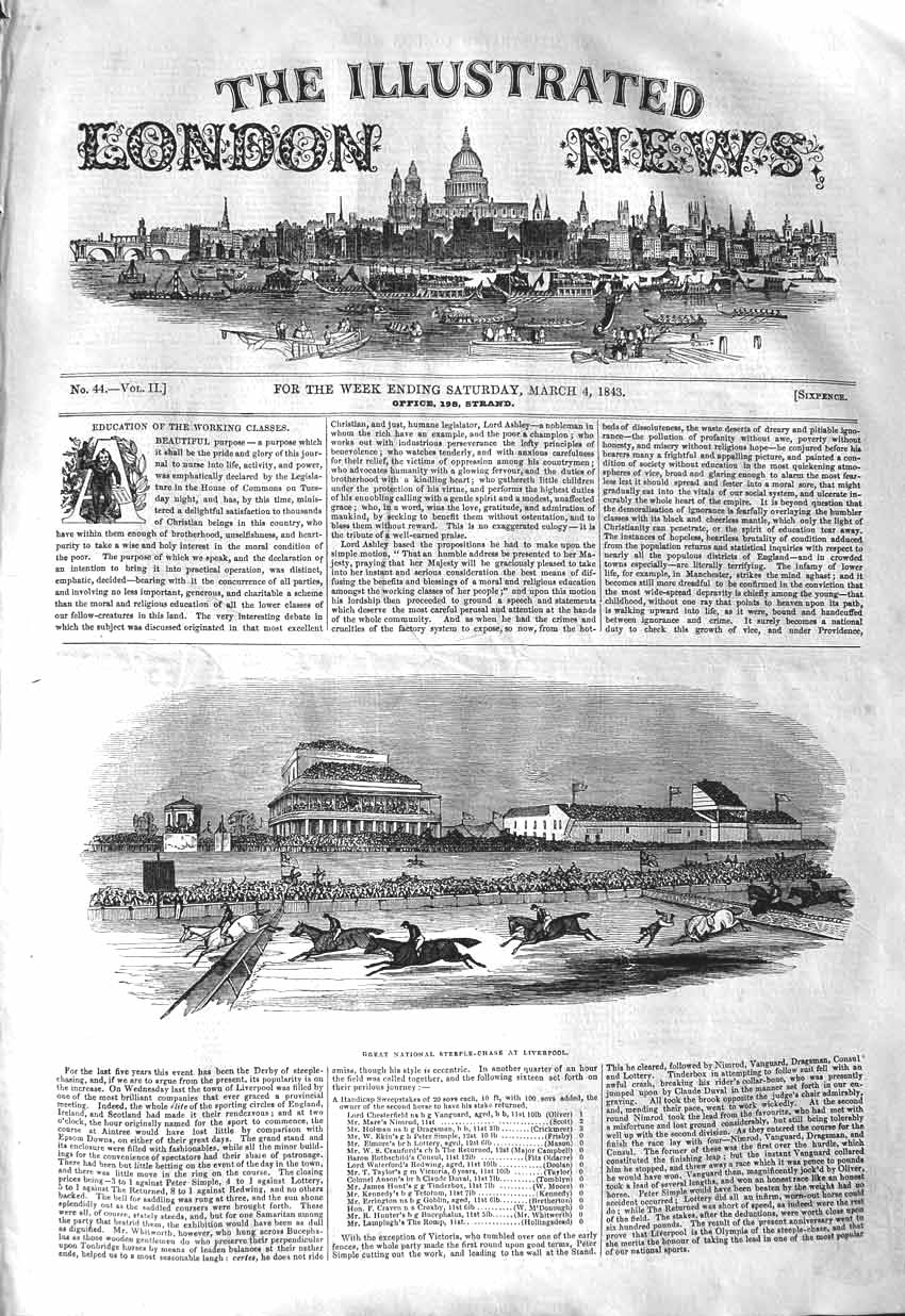 Original Old Antique Print 1843 Great National Steeple-Chase Liverpool Hor 19th