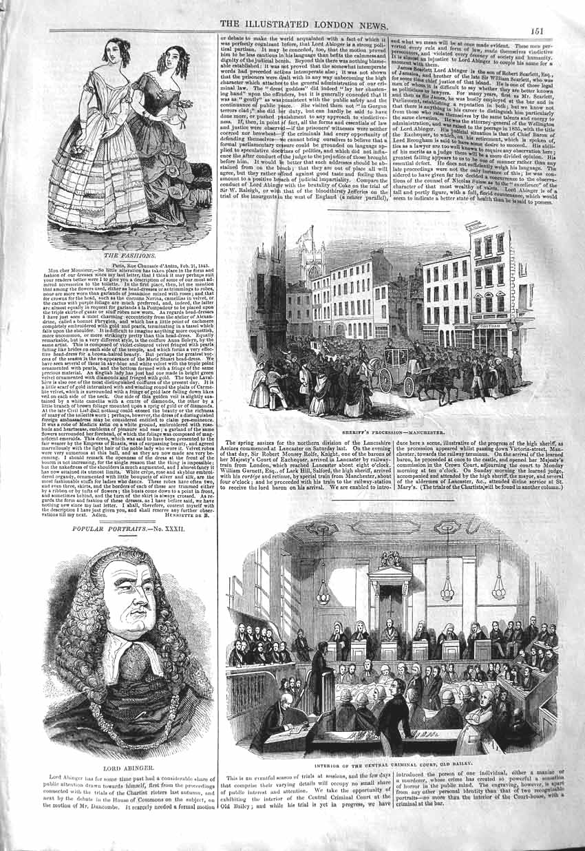Original Old Antique Print 1843 Lord Abinger Sheriff Procession Bailey Court
