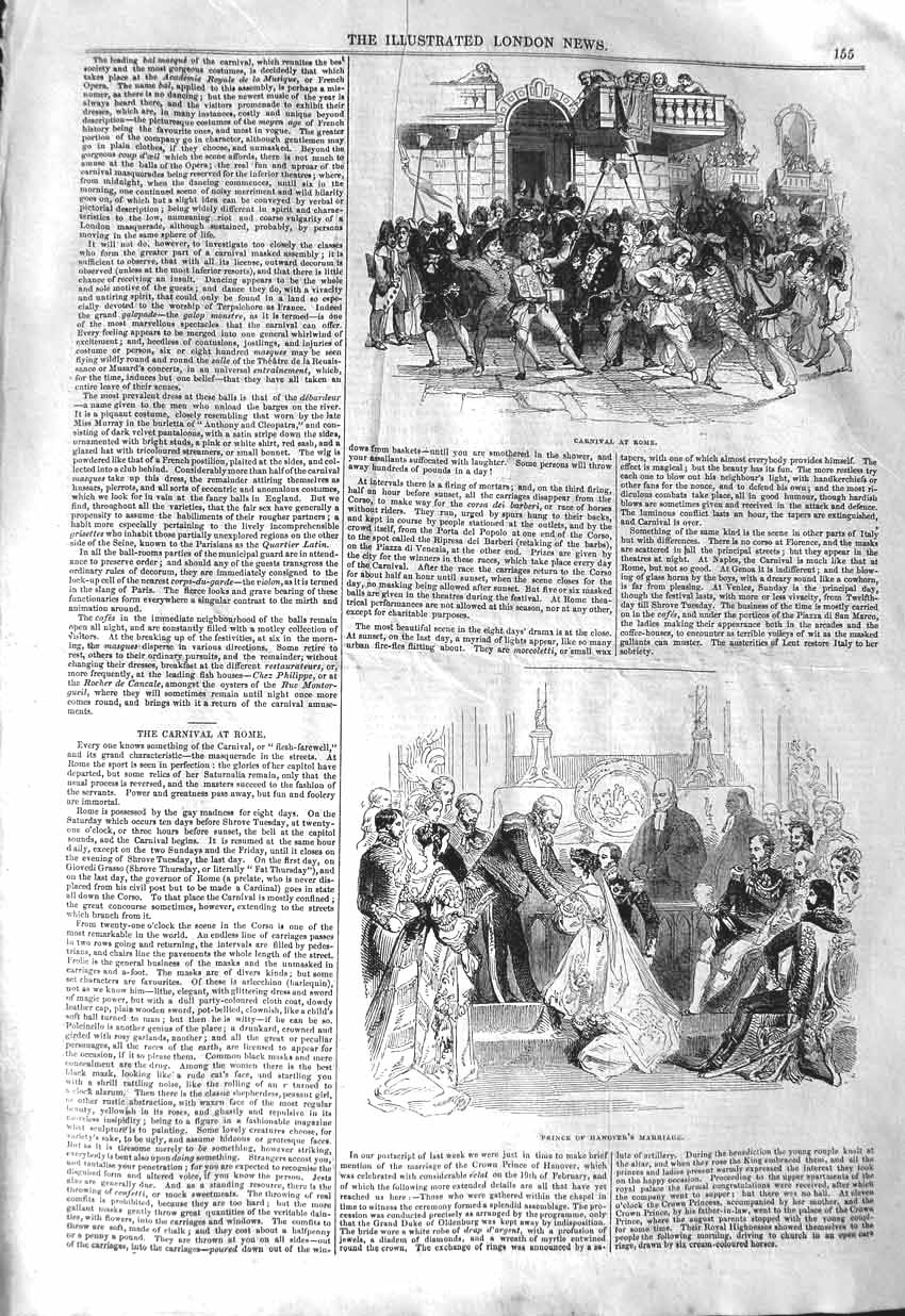 Original Old Antique Print 1843 Carnival Rome Prince Hanover Marriag Victorian