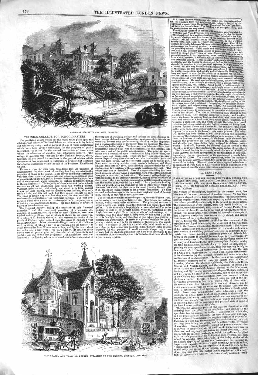 Old Antique Print 1843 National Society Training Norman College Chelsea 19th