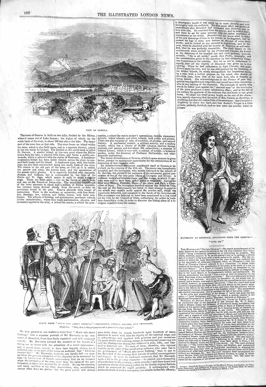 Original Old Antique Print 1843 View Geneva Scene Much Ado Theatre Macready