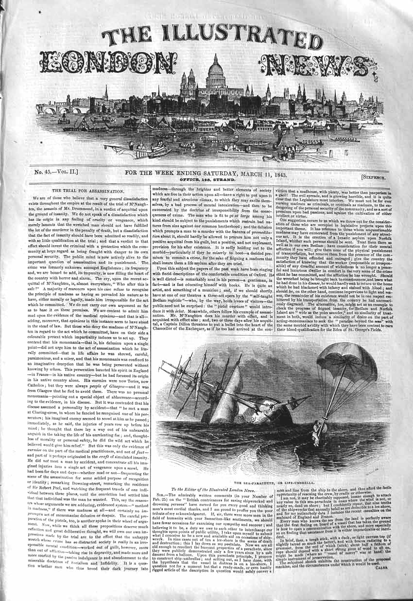 Original Old Antique Print 1843 Sea Parachute Life Umbrella Ship Wreck 19th