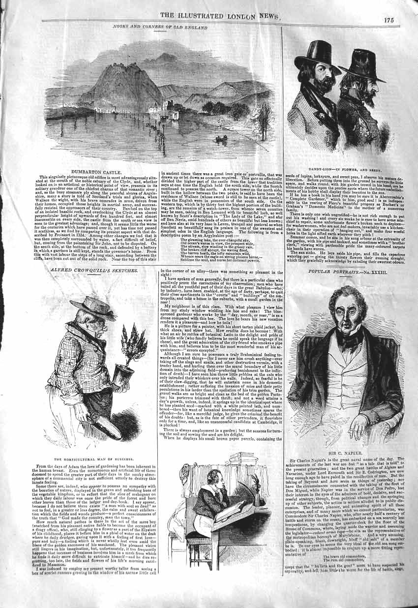 Old Antique Print 1843 Dumbarton Castle Napier Alfred Crowquill Sketches 19th