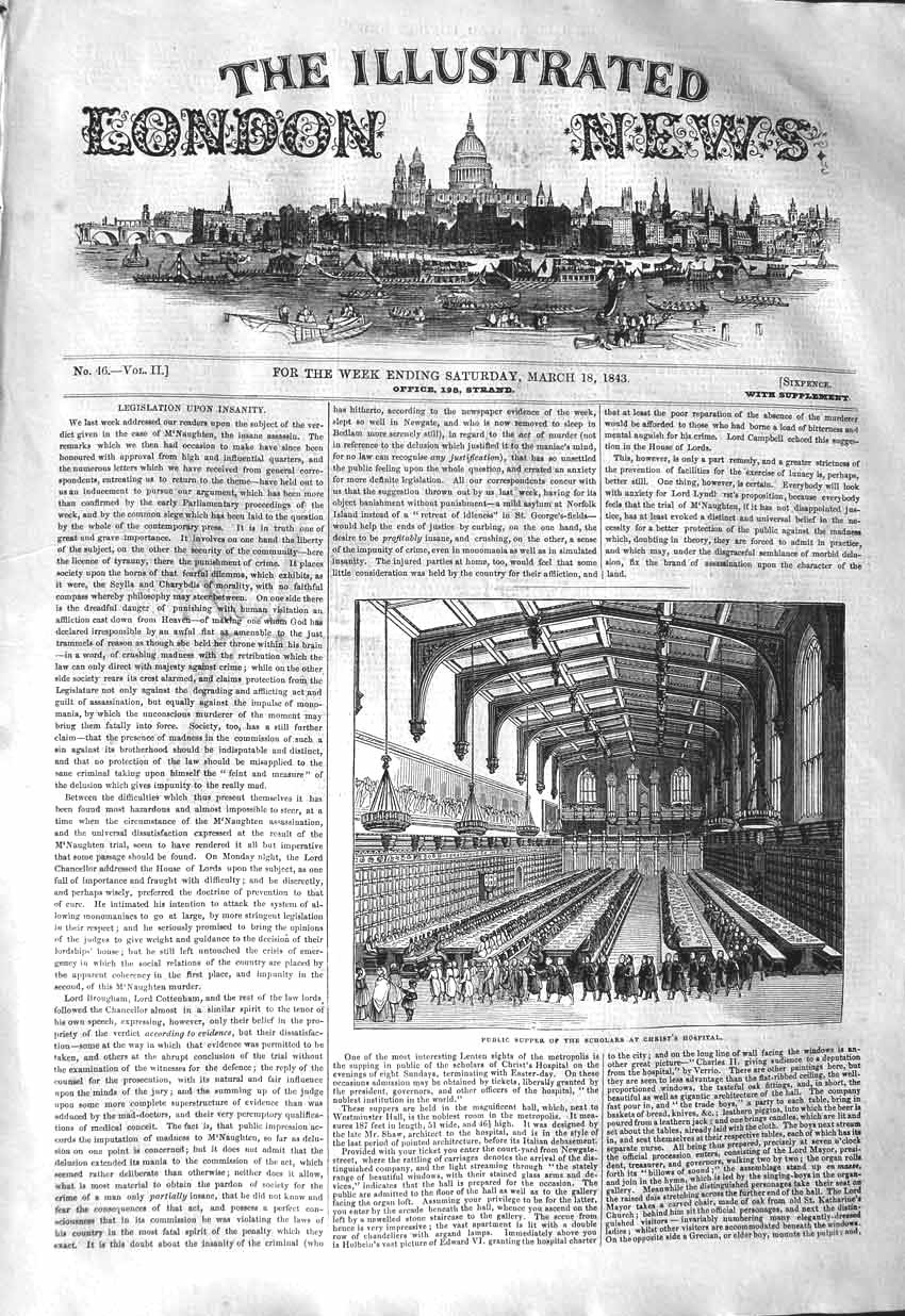 Original Old Antique Print 1843 Public Supper Scholars Christ'S Hospital 19th