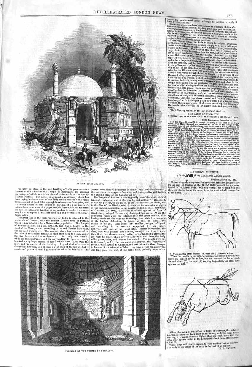 Original Old Antique Print 1843 Temple Somnauth Interior Drawings Horses 19th
