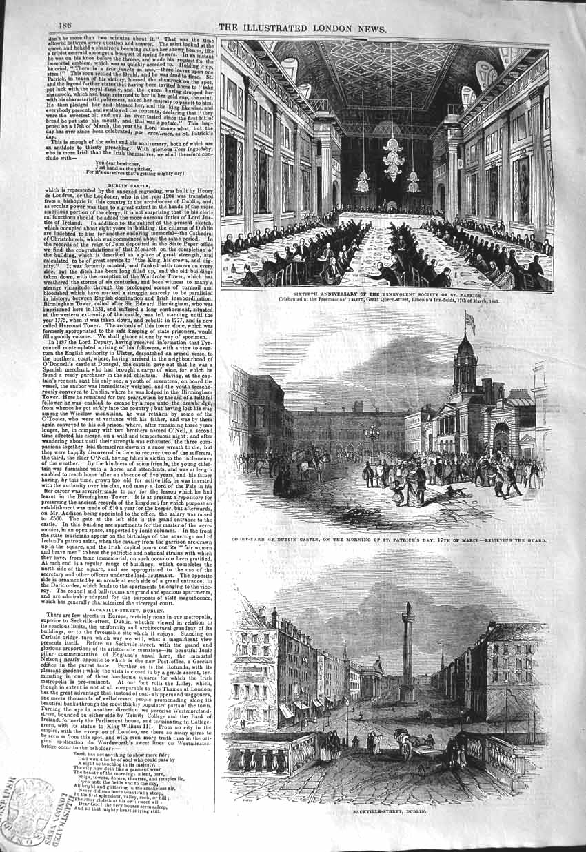 Old Antique Print 1843 Sackville-Street Dublin Castle St. Patrick Ireland 19th