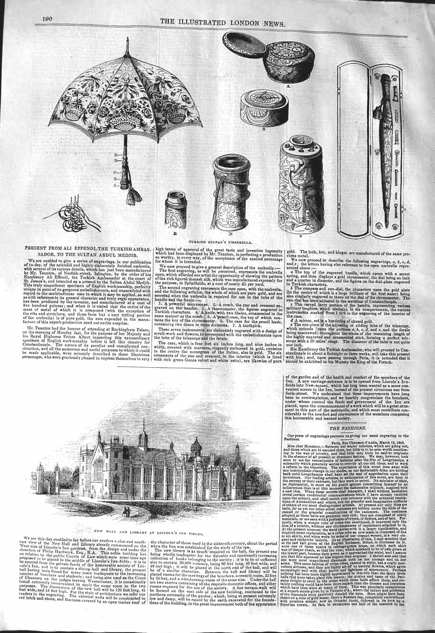 Old Antique Print 1843 Turkish Sultan Umbrella Hall Library Lincoln'S Inn 19th