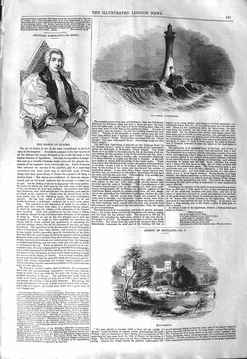 Original Old Antique Print 1843 Bell-Rock Lighthouse Bishop Exeter Fly 19th