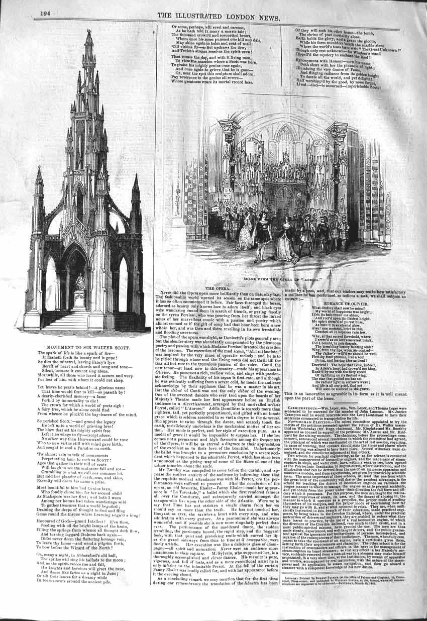 Original Old Antique Print 1843 Monument Sir Walter Scott Scene Opera Adelia