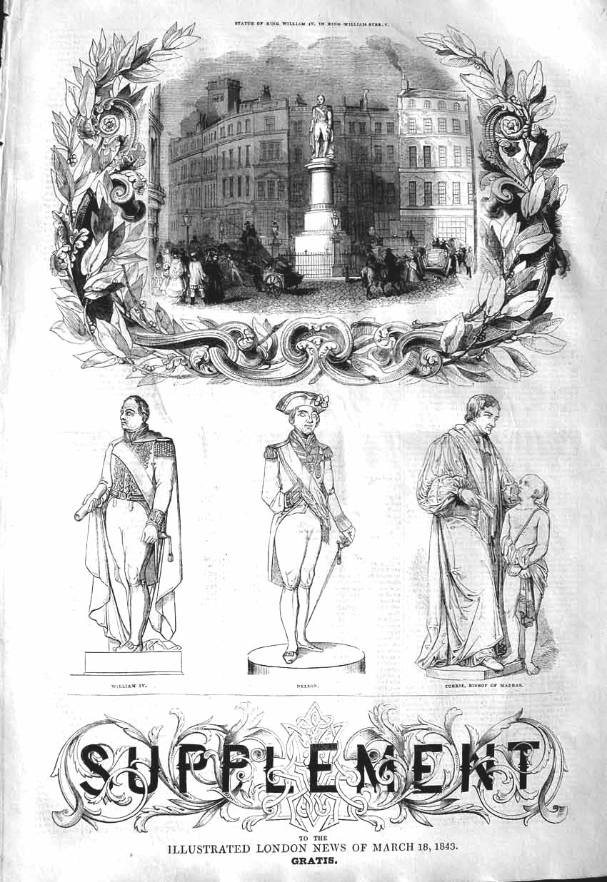 Original Old Antique Print 1843 Statue King William Nelson Corrie Bishop Madras
