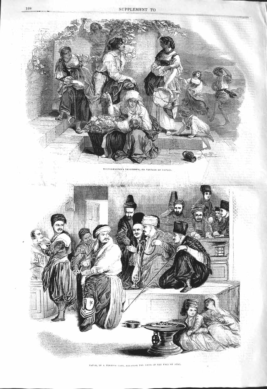 Original Old Antique Print 1843 Winterhalter Vendemmia Naples Grapes Tatar CafÇ