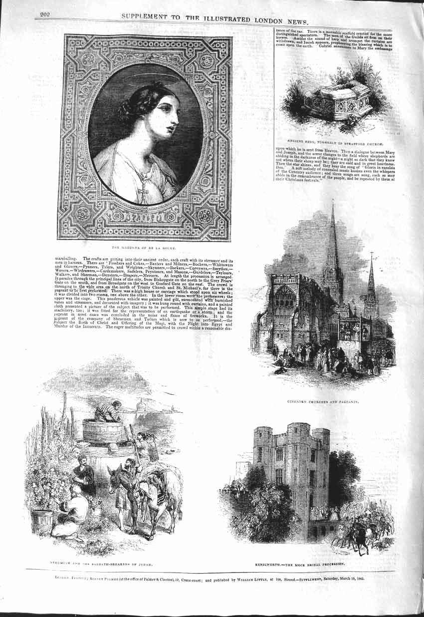 Original Old Antique Print 1843 Madonna Roche Coventry Church Kenilworth Judah