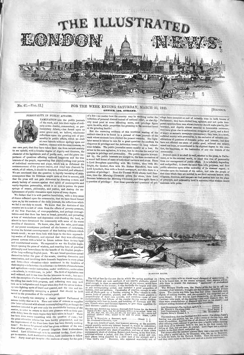 Original Old Antique Print 1843 Hampton Horse Races Sport Jockeys Victorian