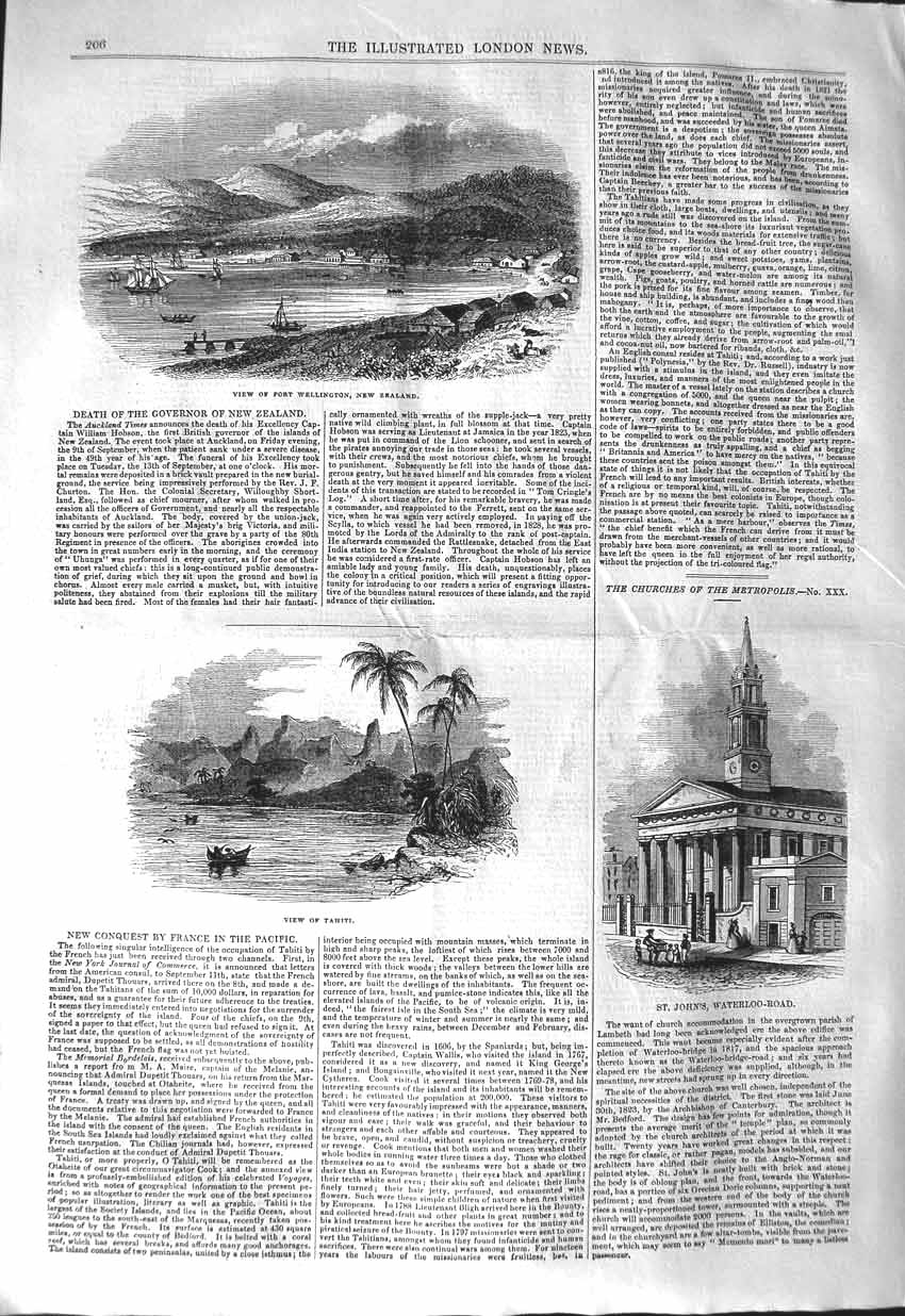 Old Antique Print 1843 Port Wellington New Zealand Tahiti John'S Church 19th