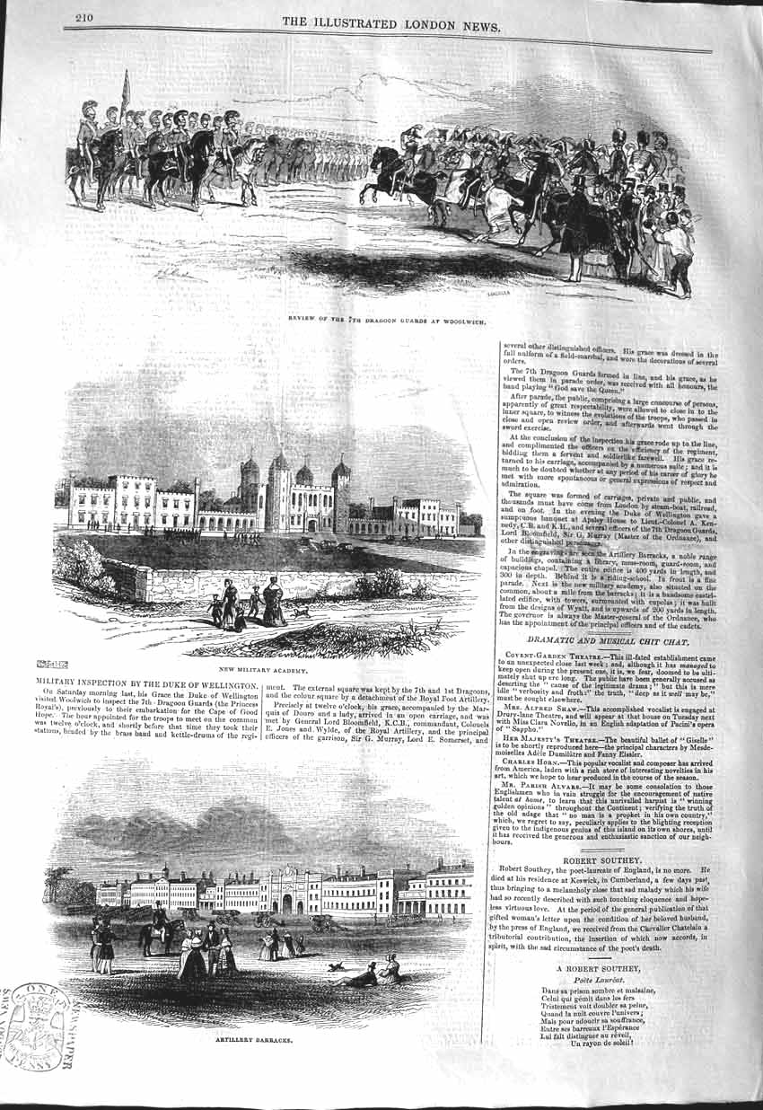 Original Old Antique Print 1843 Military Academy Artillery Barracks Woolwi 19th