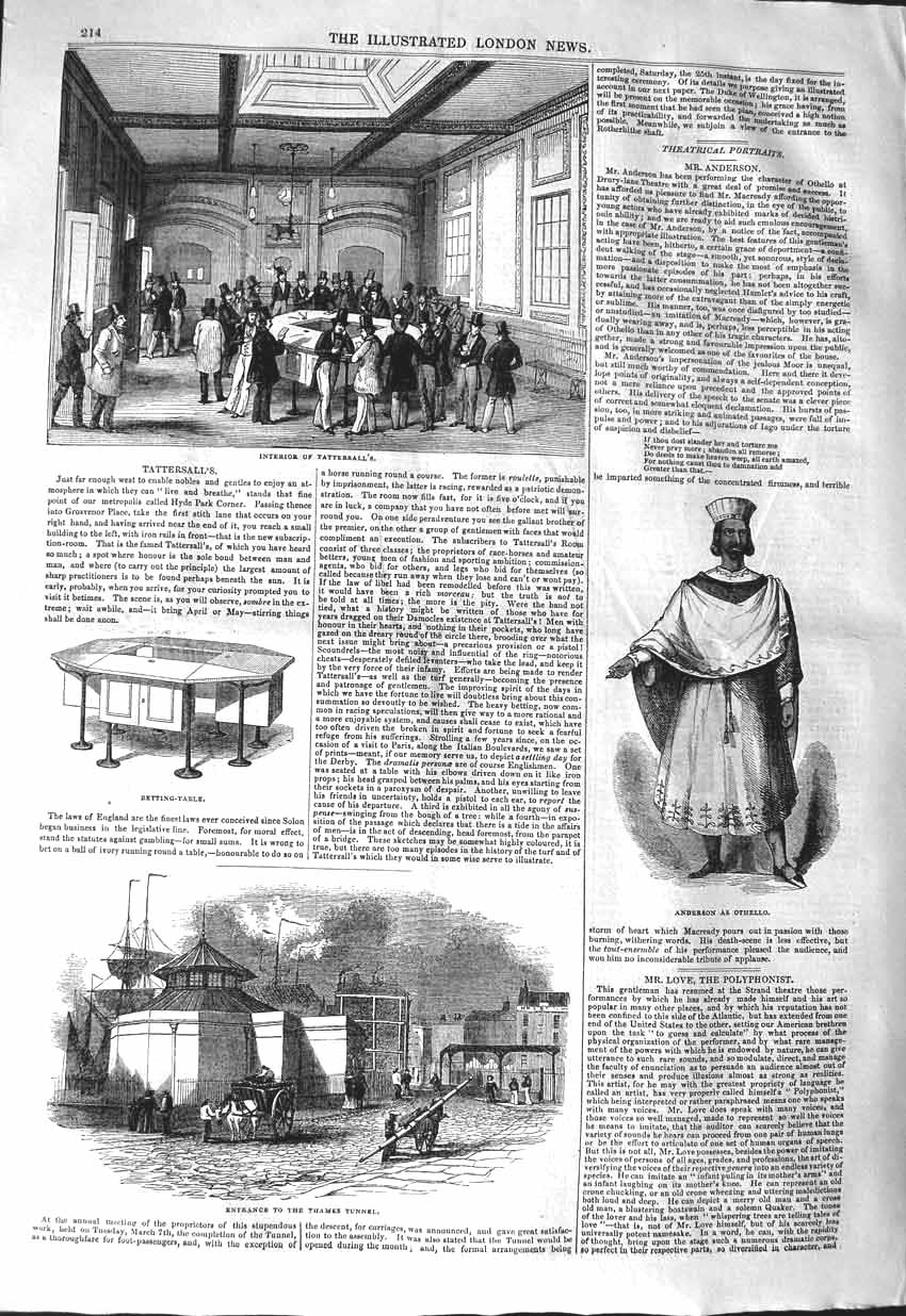 Original Old Antique Print 1843 Tattersall Anderson Othello Theatre Thames 19th