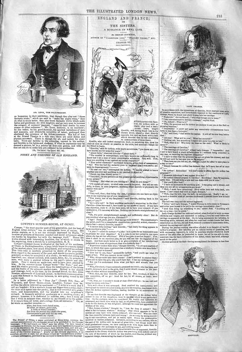 Old Antique Print 1843 Mr Love Polyphonist Greville Cowper Olney Grange 19th