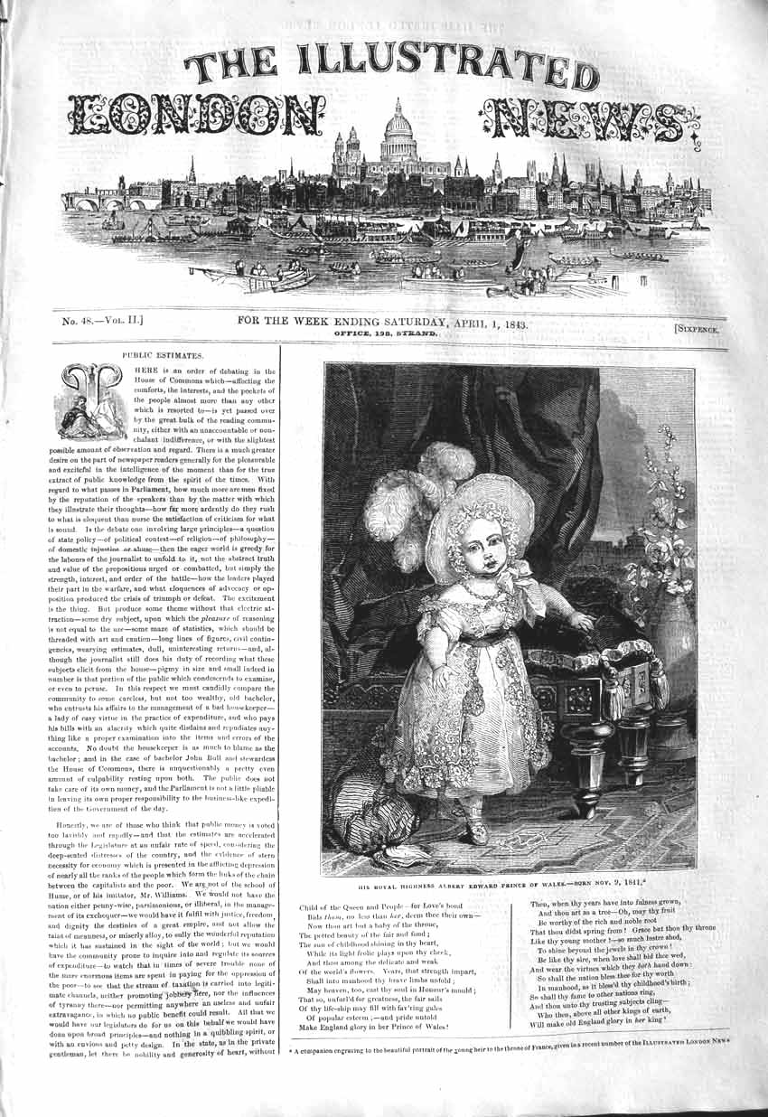 Original Old Antique Print 1843 Royal Highness Albert Edward Prince Wales 19th
