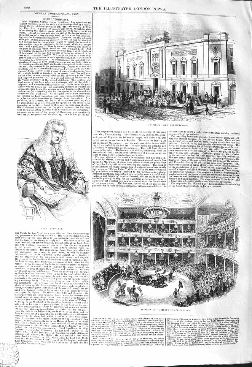 Original Old Antique Print 1843 Inteior Astley Amphitheatre Lord Ly Victorian