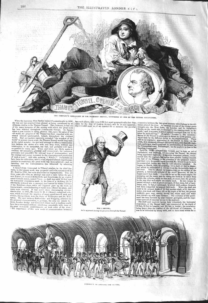 Original Old Antique Print 1843 River Thames Tunnel Isambert Brunel Exc 19th