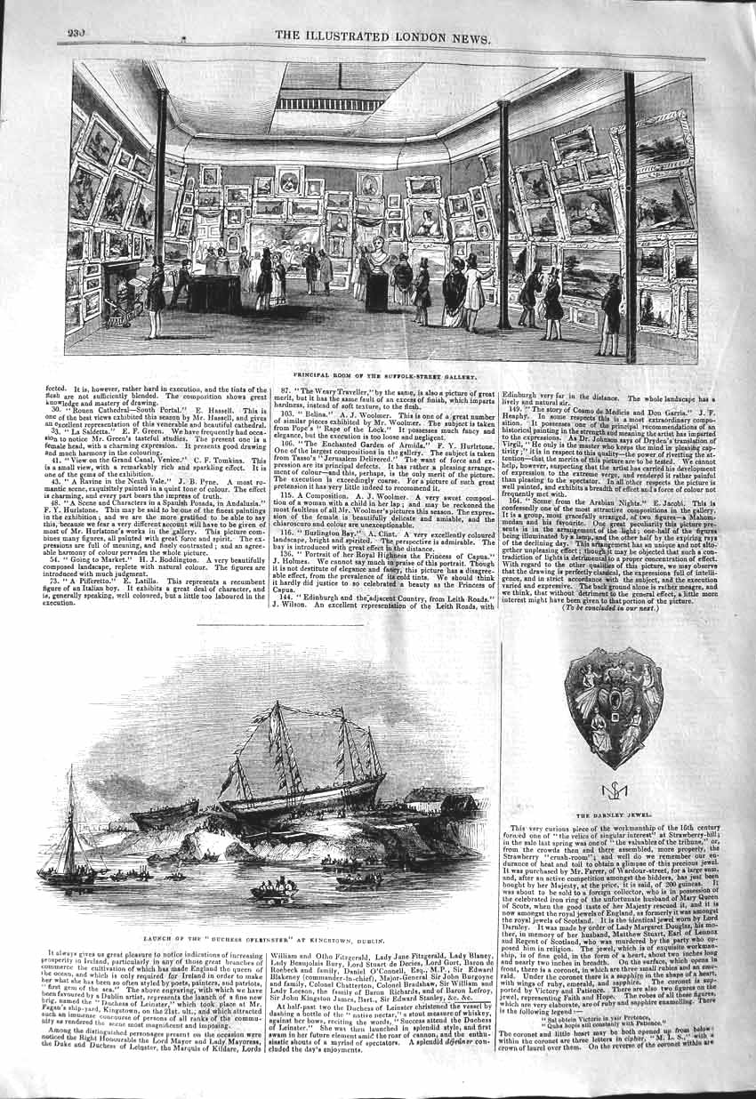 Old Antique Print 1843 Duchess Ofleinster Ship Dublin Art Gallery Suffolk 19th