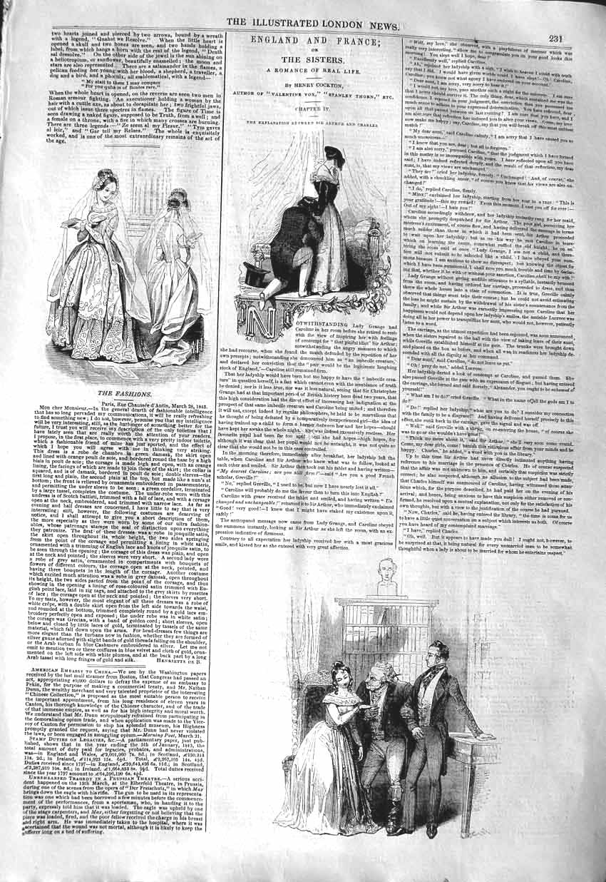 Original Old Antique Print 1843 Ladies Fashion Dresses Sisters Romance Scenes