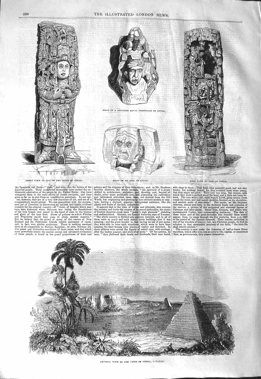 Original Old Antique Print 1843 View Ruins Uxmall Yucatan Idols Copan Sculpture