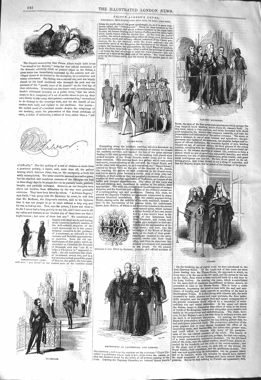 Old Antique Print 1843 Prince Albert Levee Archbishop Canterbury Judges 19th