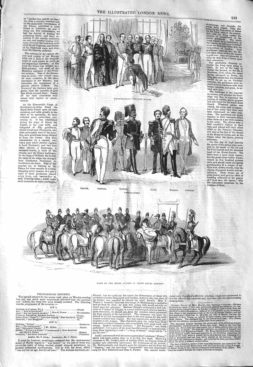 Original Old Antique Print 1843 Horse Guards Levee Dresses Ambassadors Turkey