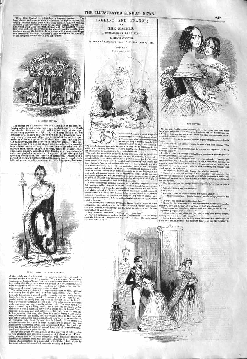 Original Old Antique Print 1843 Epu Chief New Zealand Provision House Sisters