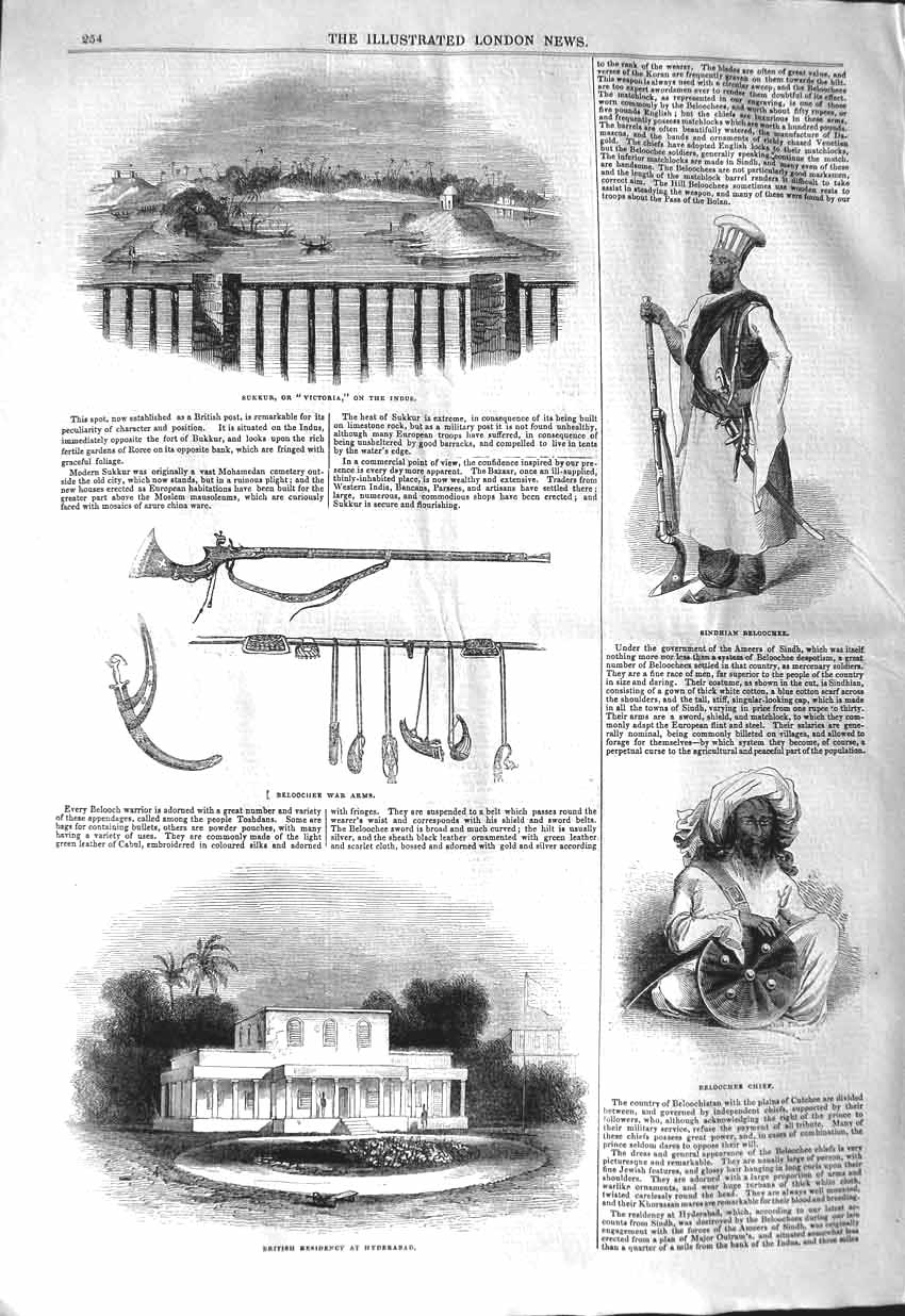 Original Old Antique Print 1843 Sukkur Victoria Indus Hyderabad Beloochee Chief