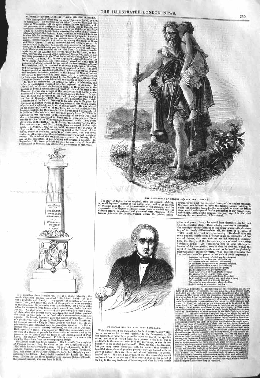 Old Antique Print 1843 Monument Lionel Smith Wordsworth Poet Belisarius 19th