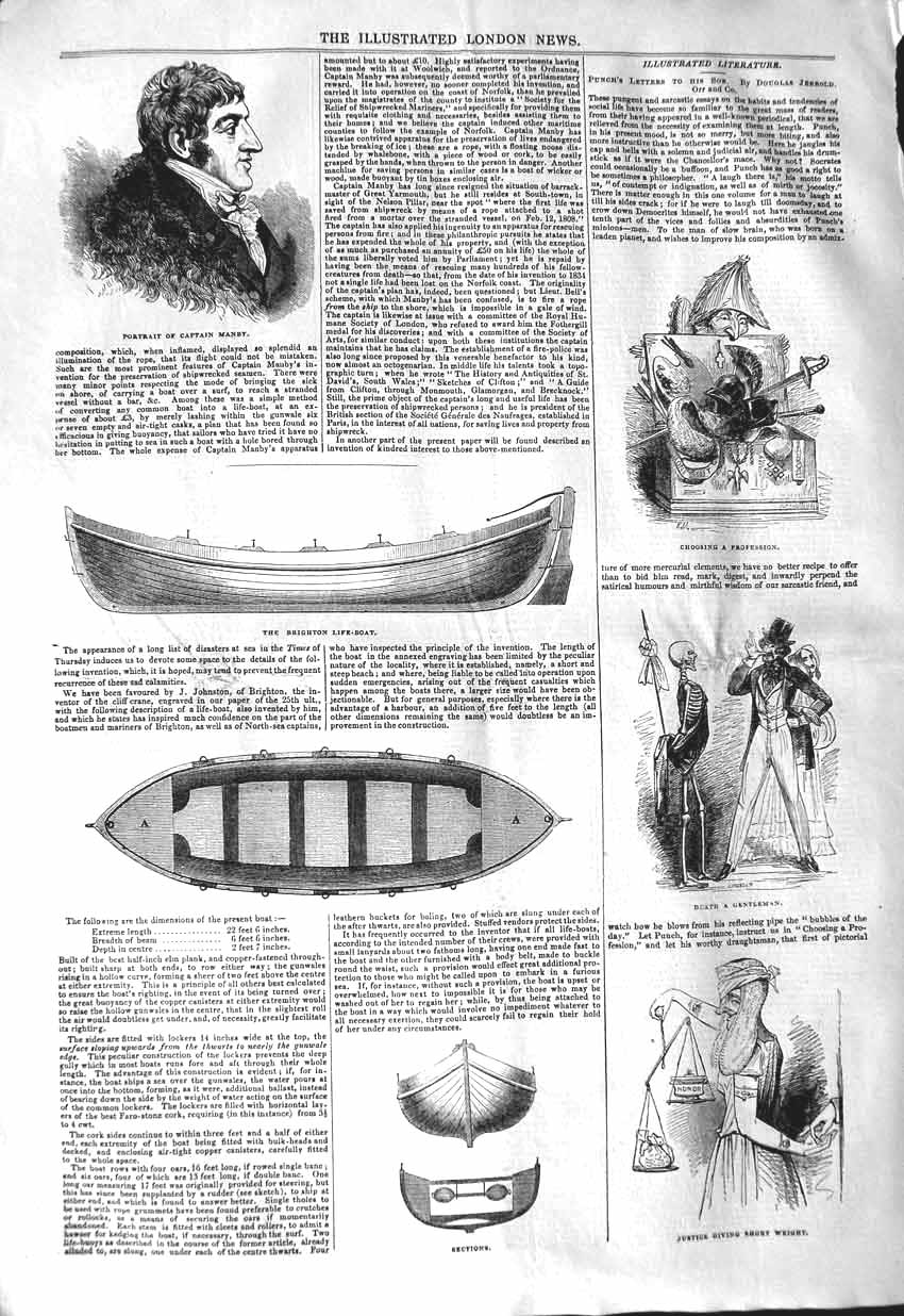 Original Old Antique Print 1843 Portrait Captain Manby Brighton Life-Boat 19th