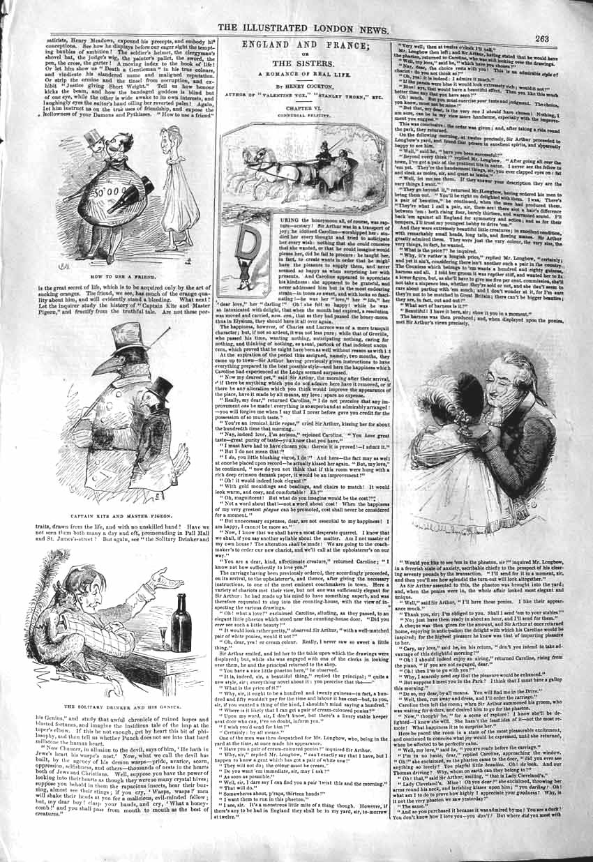 Original Old Antique Print 1843 Captain Kite Master Pigeon Man Solitary Drinker