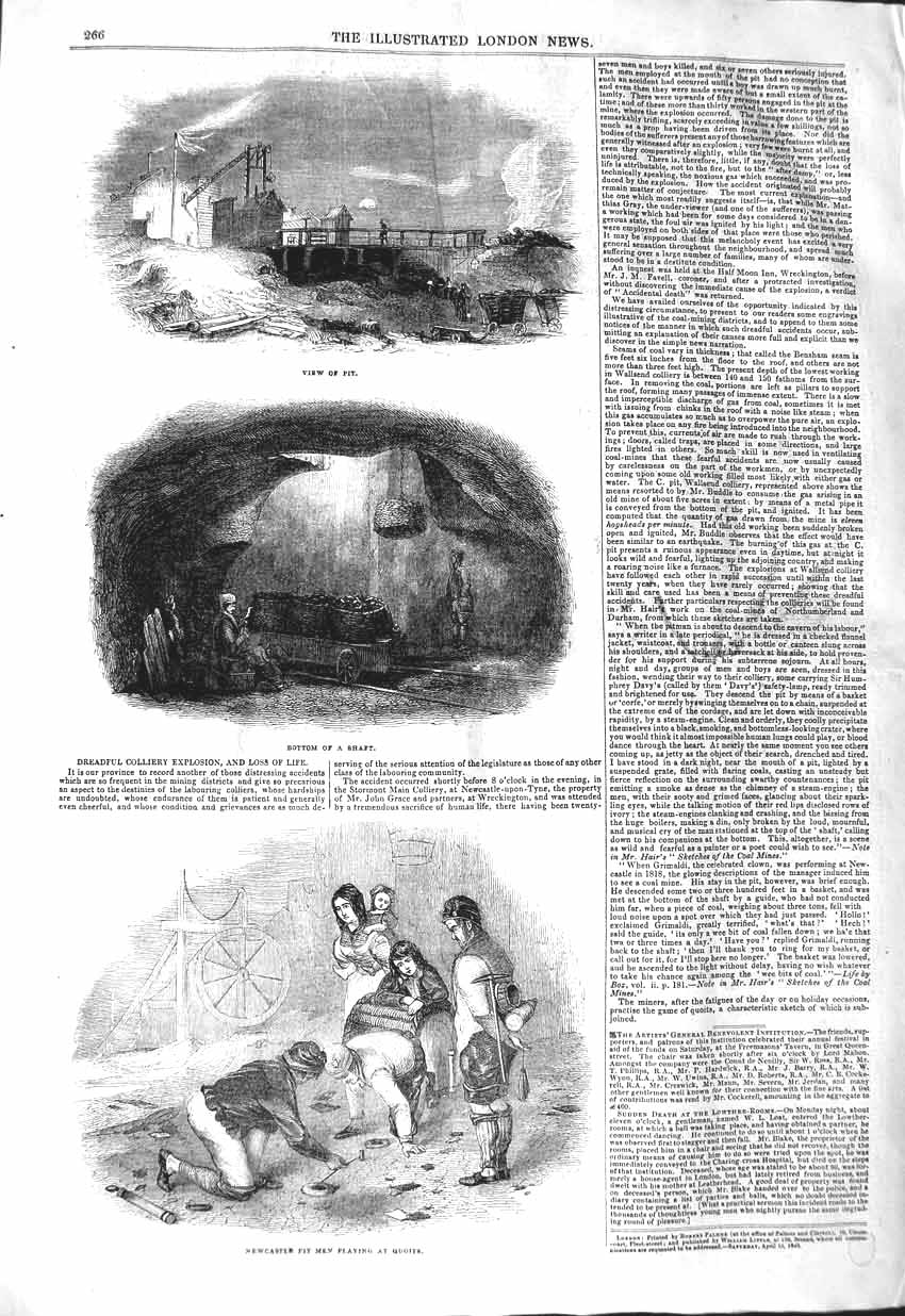 Original Old Antique Print 1843 Colliery Explosion Mining Newcastle Victorian