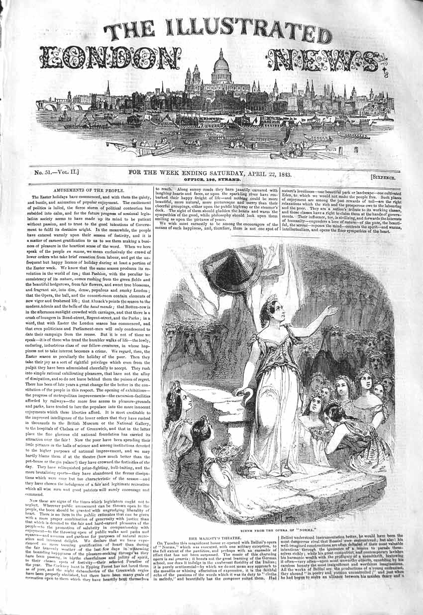 Original Old Antique Print 1843 Scene Opera Norma Her Majesty'S 19th