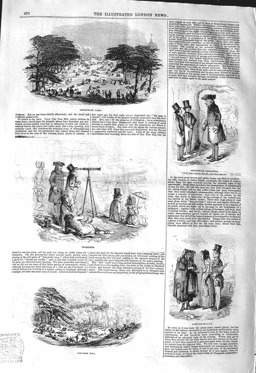 Original Old Antique Print 1843 Greenwich Park Telescope Fortune Telling 19th