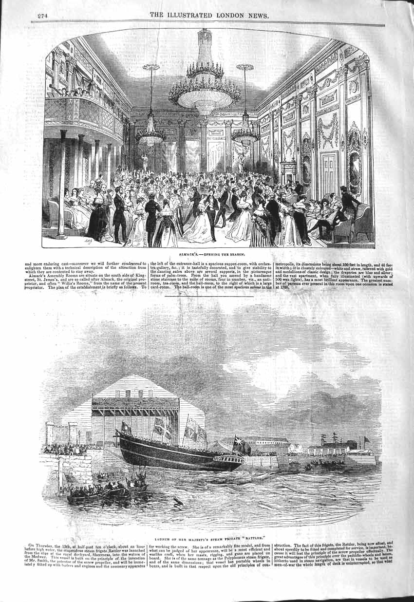 Original Old Antique Print 1843 Launch Queen Steam Frigate Rattler Almac 19th