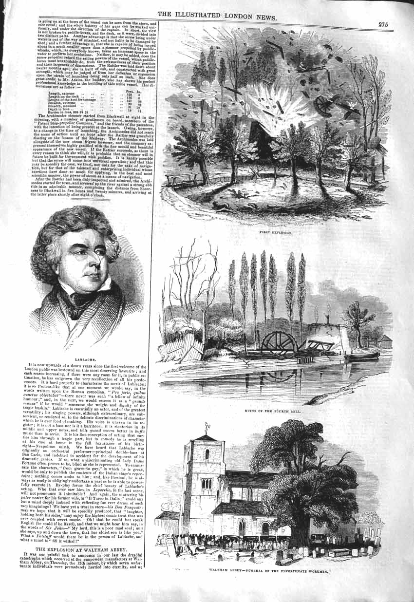 Original Old Antique Print 1843 La Blache Explosion Waltham Abbey Rui Victorian