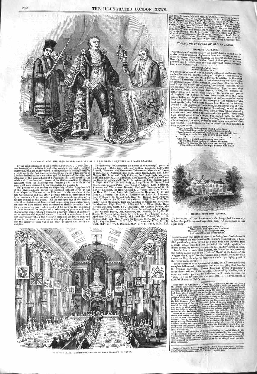 Old Antique Print 1843 Lord Mayor Egyptian Hall Mansion House Sloperton 19th