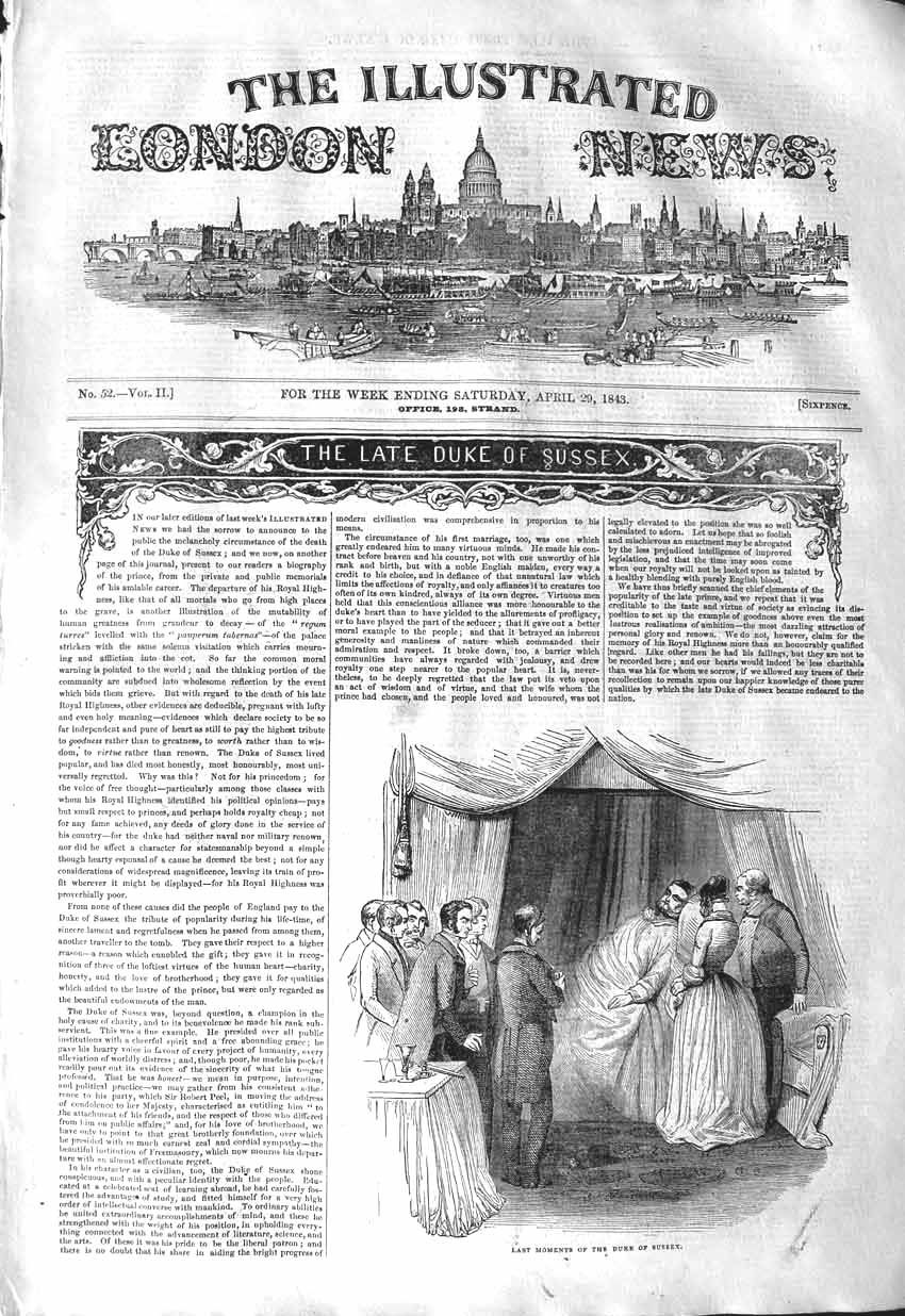 Original Old Antique Print 1843 Death Bed Scene Last Moments Duke Sussex 19th