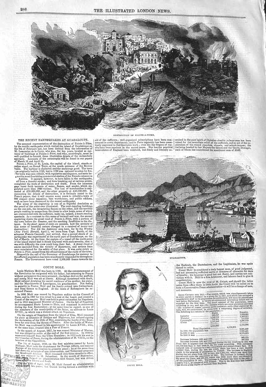 Original Old Antique Print 1843 Earthquake Guadaloupe Pointe-A-Pitre Count Mole