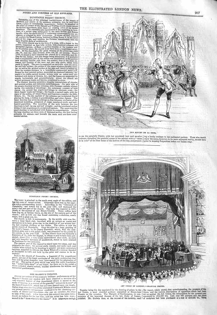 Original Old Antique Print 1843 Dunstable Priory Church Art Union London 19th
