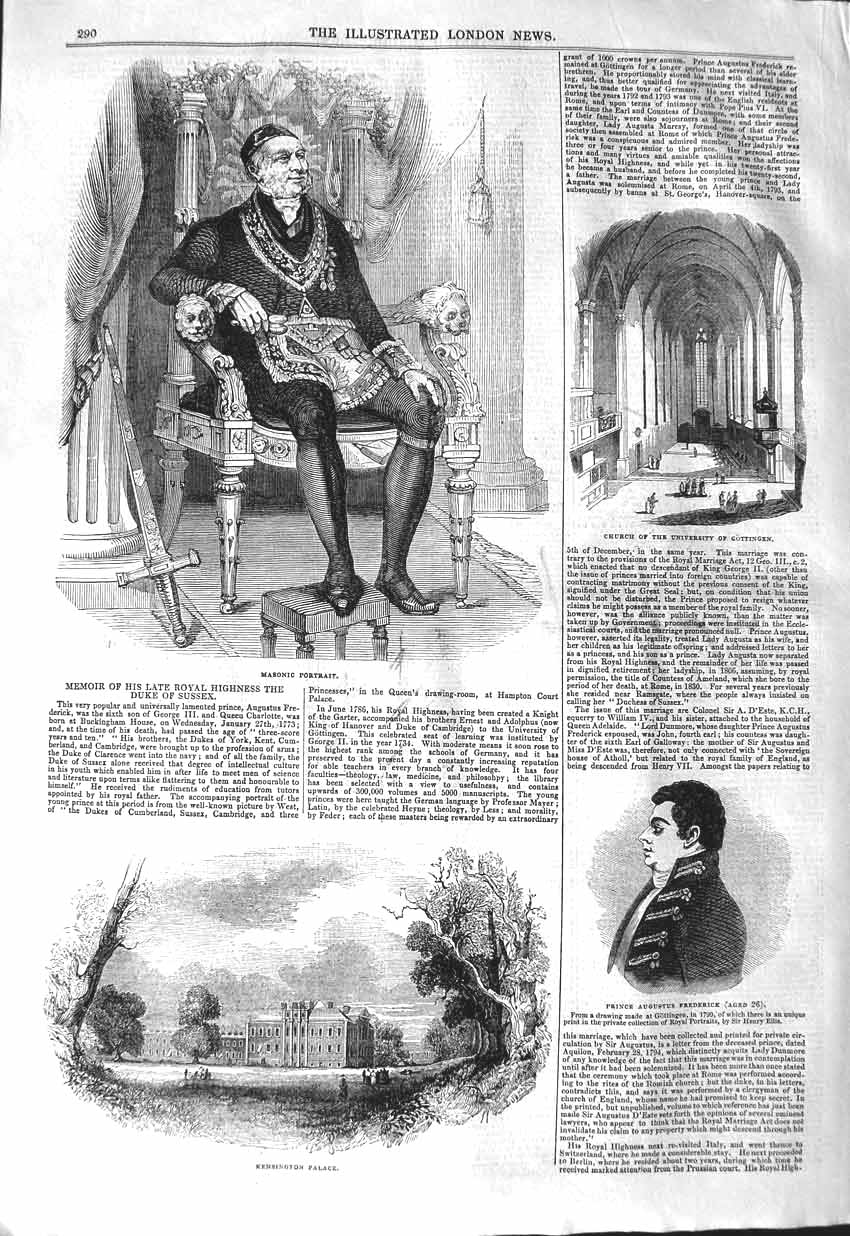 Old Antique Print 1843 Mason Portrait Kensington Palace Prince Frederick 19th