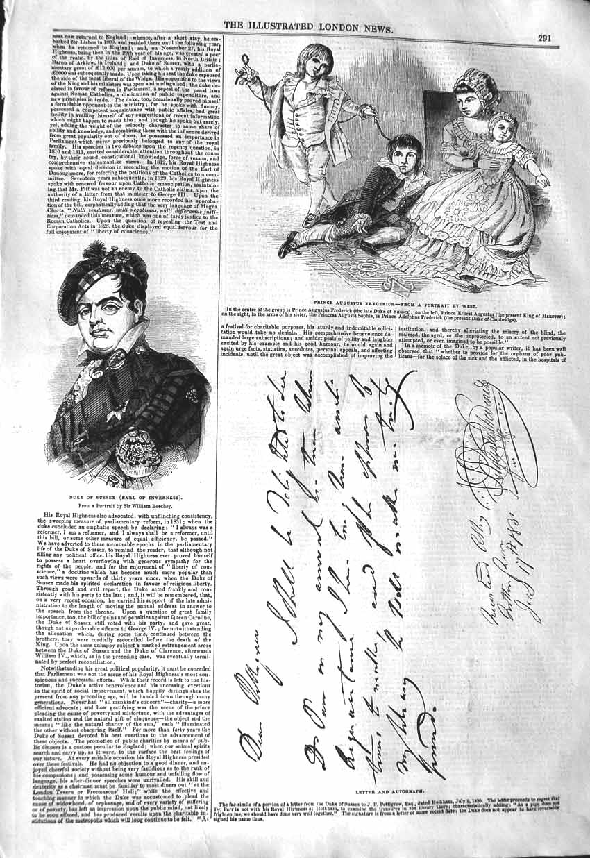 Old Antique Print 1843 Prince Frederick Duke Sussex Earl Inverness Letter 19th