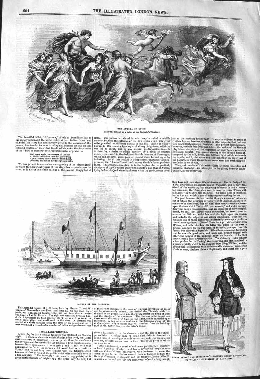 Original Old Antique Print 1843 Aurora Guido Theatre Green Launch Gloria 19th