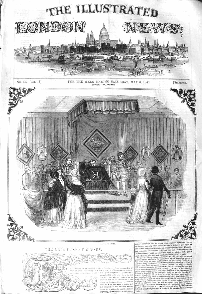 Original Old Antique Print 1843 Duke Sussex Funeral Kensington Palace Kensa 19th
