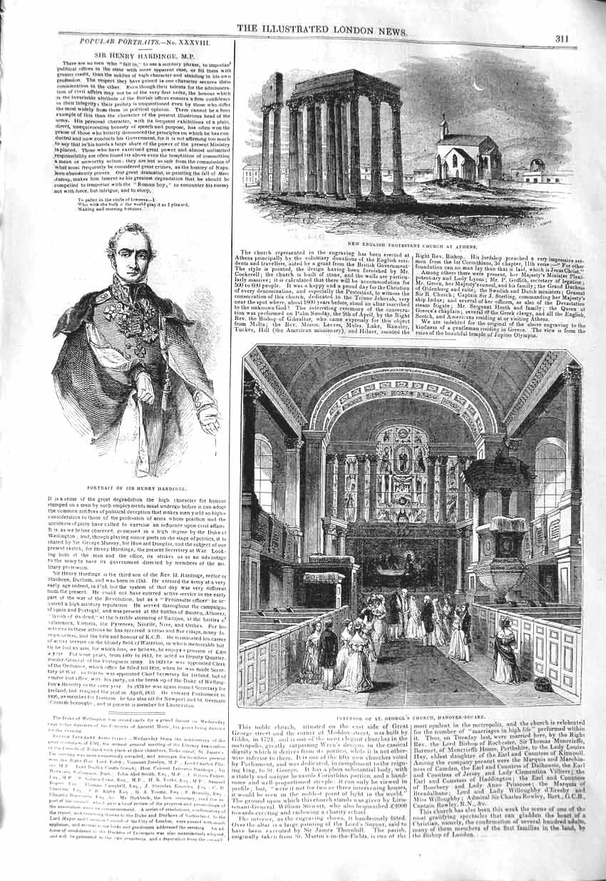 Old Antique Print 1843 Protestant Church Athens Hardinge George'S Church 19th