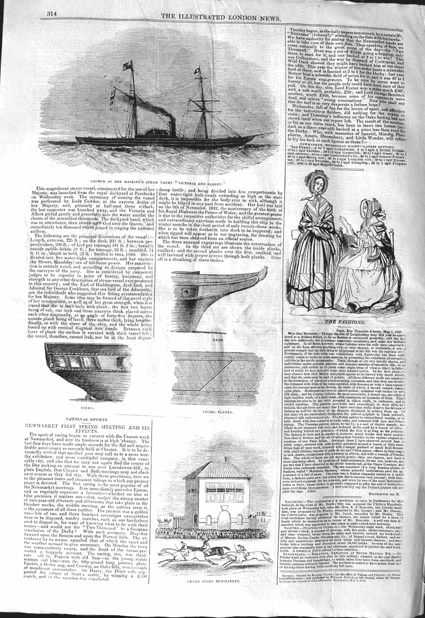 Old Antique Print 1843 Launch Queen Steam Yacht Victoria Albert Newmarket 19th